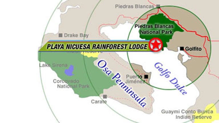 Location of Playa Nicuesa Rainforest Lodge in southern Costa Rica